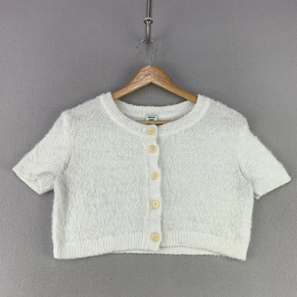 Sunday Best Aritzia Fuzzy Cropped Cardigan Women XS White Short Sleeve